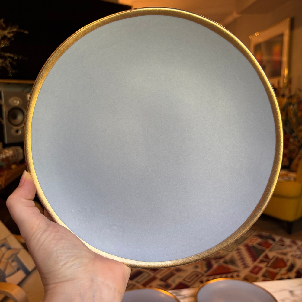 Crate & Barrel Addison Matte Grey Blue Gold Rim Salad Plates Set of 4 Portugal